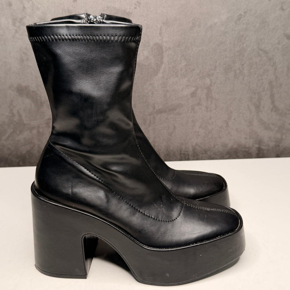 Zara‎ Platform Sock Boots Womens 36 Black Chunky Block Heel Square Toe